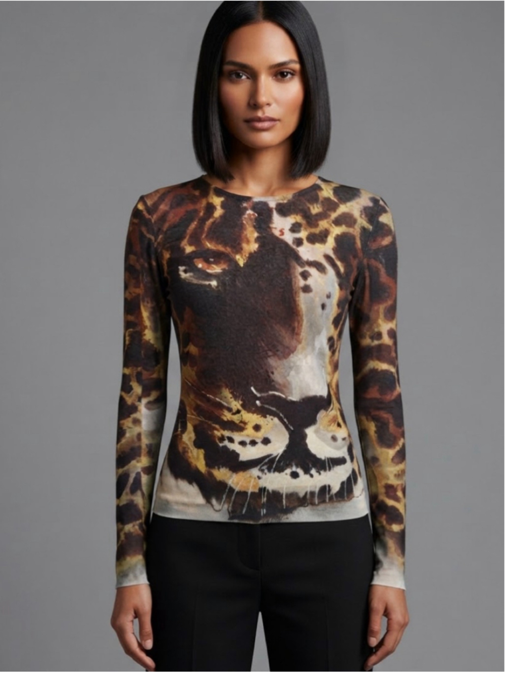 Adrienne Landau Long Sleeve Leopard Print Mesh Tee, Size S, Brown/Black